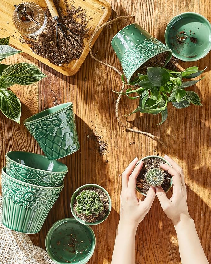 Succulent Ceramic Pots, 3.8 Inch Small Plant Pots with Drainage Hole & Saucer, Flower Planter Pot for Indoor Plants Cacti, Home Decor, Set of 4, Green
