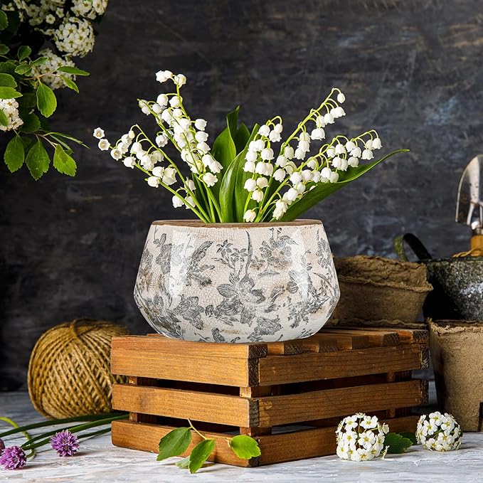7.8 Inch Large Vintage Ceramic Planter Ice Crack Glaze Gray Lily Floral Flower Pot with Drainage Hole Rustic Decorative Plant Pots Gifts for Home Kitchen Office Indoor Outdoor Plants