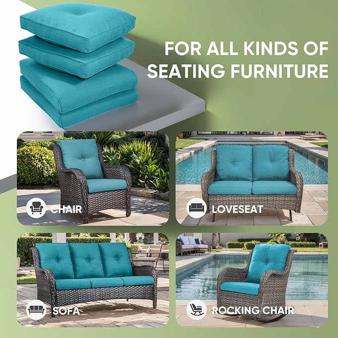 Outdoor Chair Cushion Set of 3, Waterproof Outdoor Seat Cushions 25x22 , Patio Chair Cushions for Outdoor Furniture, Couch Cushion Replacement, Include 3 Back & 3 Seat Cushions, Button/CyanBlue