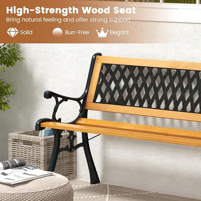 Tangkula Outdoor Garden Bench Park Bench, Patio Bench Chair with Cast Iron & Hardwood Structure, Weather Proof Porch Outdoor Furniture Loveseat, Perfect for Backyard, Deck, Lawn, Poolside