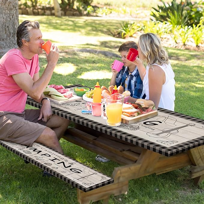 Picnic Table Cover with Bench Covers Elastic Edges, Blue Camper Fitted Table Cover, Outdoor Patio Camping Essentials 72 Inch 3PCS, Waterproof Camping Fitted Tablecloth with Drawstring Bag