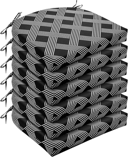 Wellsin Outdoor Chair Cushions for Patio Furniture - Patio Chair Cushions Set of 6 - Water Resistant Round Corner Outdoor Seat Cushions 17"X16"X2", Black Geometry