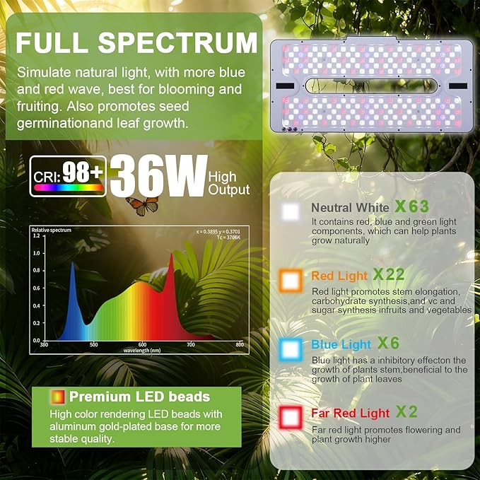 22" x 10" Grow Lights for Indoor Plants and Vegetables, Full Spectrum LED Growing Lamp for Indoor Garden Greenhouse - Features Two Smart Light Mode, 12~23H Timer - 1 Pack (1 Pack Black)