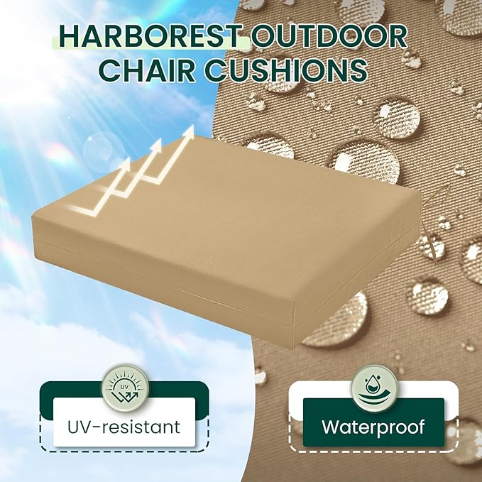 HARBOREST Outdoor Chair Cushions Set of 4, Water Resistant Patio Chair Cushions with Ties, Square Corner Outdoor Seat Cushions for Patio Furniture, 18.5"x16"x3", Khaki
