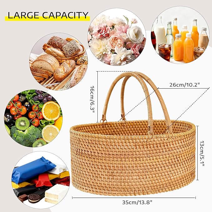 Rattan Picnic Basket with Handles, Oval Wicker Gift Basket for Wedding, Camping(13.8"×10.2"×5.1")
