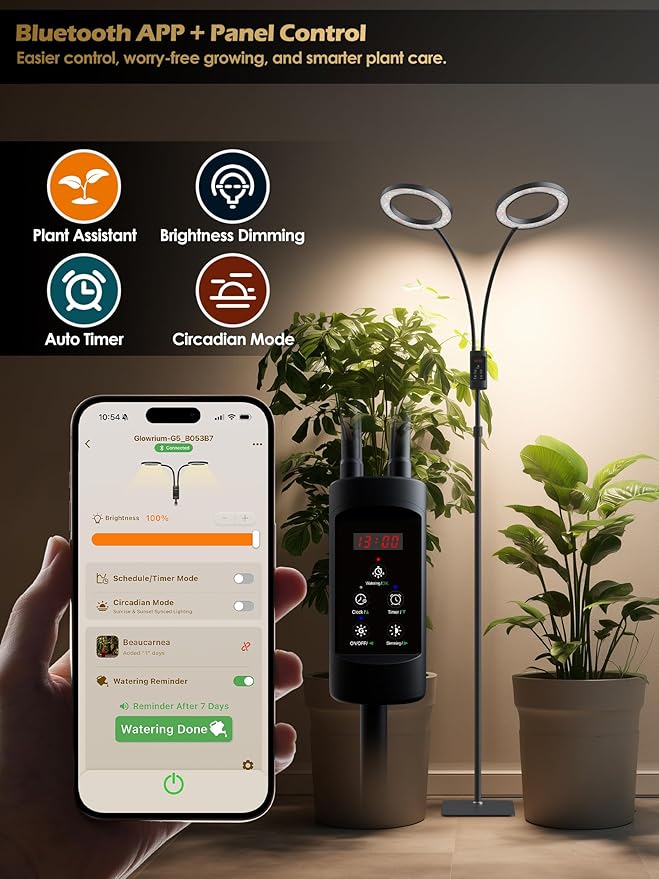Smart Grow Lights for Indoor Plants, Plant Light with Auto-Timer, Full Spectrum LED Grow Light, Adjustable Height & Stepless Dimming,Plant Assistant Suitable for Most Plants (Black, 48W)