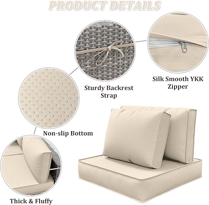14-Piece Outdoor Cushions for Patio Furniture Thick Outdoor Chair Cushions 5" Foam High-Density Water-Resistant Deep Seat Cushion for 6-Seat Sectional Sets Liner&Cover Cream