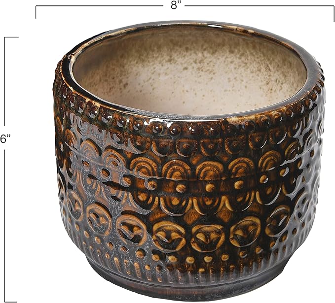 Bloomingville Embossed Stoneware Planter with Reactive Glaze, Beige