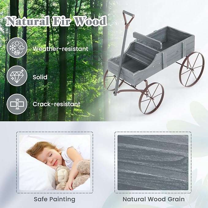 Wooden Wagon Planter with Wheels, Indoor/Outdoor Flower Cart w/Dual-Compartment & Adjustable Handle, Decorative Garden Planter for Home, Yard, Wedding (Grey)