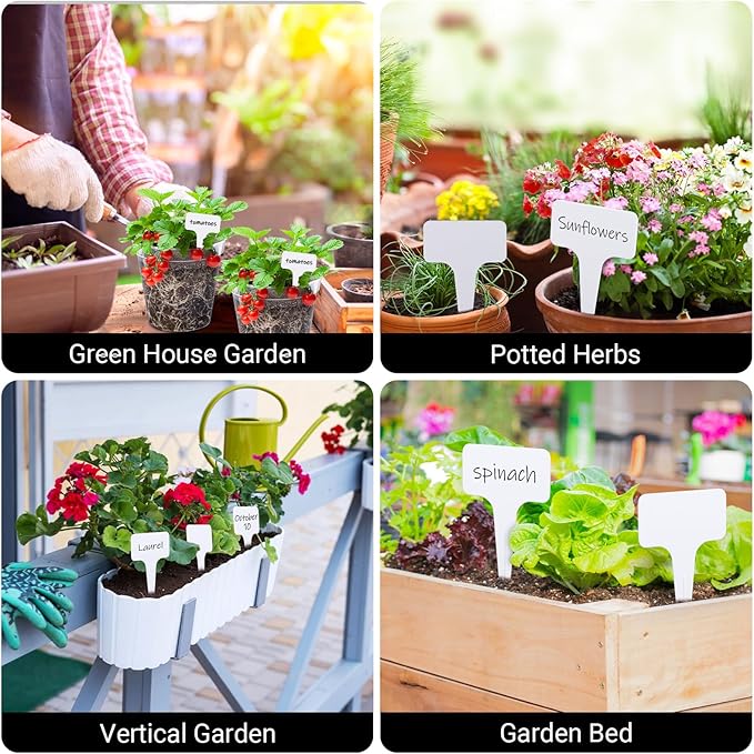 Greaner 4 Inch T-Type Plant Labels, 6x10cm White Nursery Garden Labels, Plastic Plant Tags for Outdoor Garden Waterproof, Reusable Plant Signs for Outdoor Indoor Nursery Potted with A Marker Pen