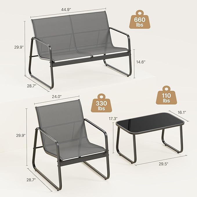 Gizoon 4 Piece Patio Furniture Set, Outdoor Conversation Set, with Glass Coffee Table, Loveseat, 2 Single Chairs, All Weather Textile Fabric, for Backyard, Balcony, Lawn, Garden, Poolside, Grey