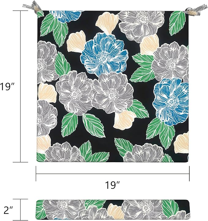 LVTXIII Outdoor Seat Cushions Seasonal Replacement Chair Cushions, Patio Chair Pads with Ties for Dining Chairs and Garden Furniture, Square Back, 19"x19"x2", 2 Pack, Peony Garden