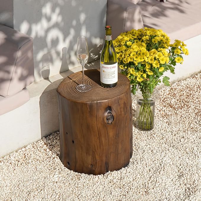 COSIEST Outdoor End Table Black Walnut Colored Faux Wood, Hand-Painted Wood Stump Stool, Ottoman or Plant Stand, Deck or Garden