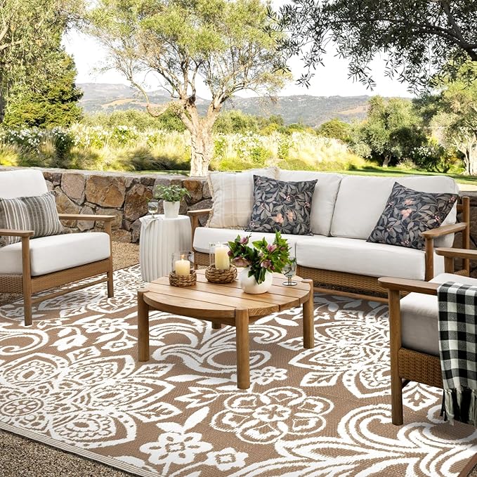 Findosom Waterproof Outdoor Rug 8' x 10' - Reversible Mandala Outdoor Plastic Straw Rug, Durable Foldable Patio Rug for RV, Deck, Balcony, Backyard, Picnic, Porch, Camping, Beach, Brown