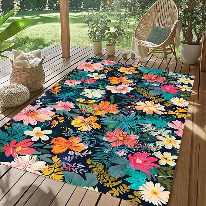 Waterproof 7x10 Floral Outdoor Rug Tropical Botanical Floral Outdoor Area Rug for Balcony Patio Porch Garden Camping Pool Deck Yard Multi Flowers Machine Washable Large Carpet Anti Slip Backing Mat