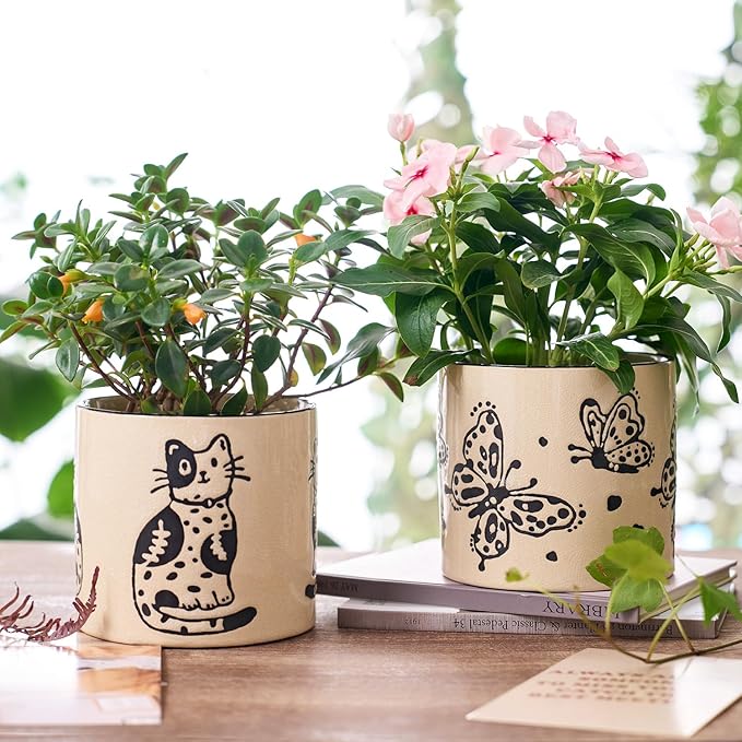 5 Inch Ceramic Plant Pots with Drainage Holes, Small Round Flower Pots for Indoor Plant, Unique Animal Flower Planters (Butterfly)