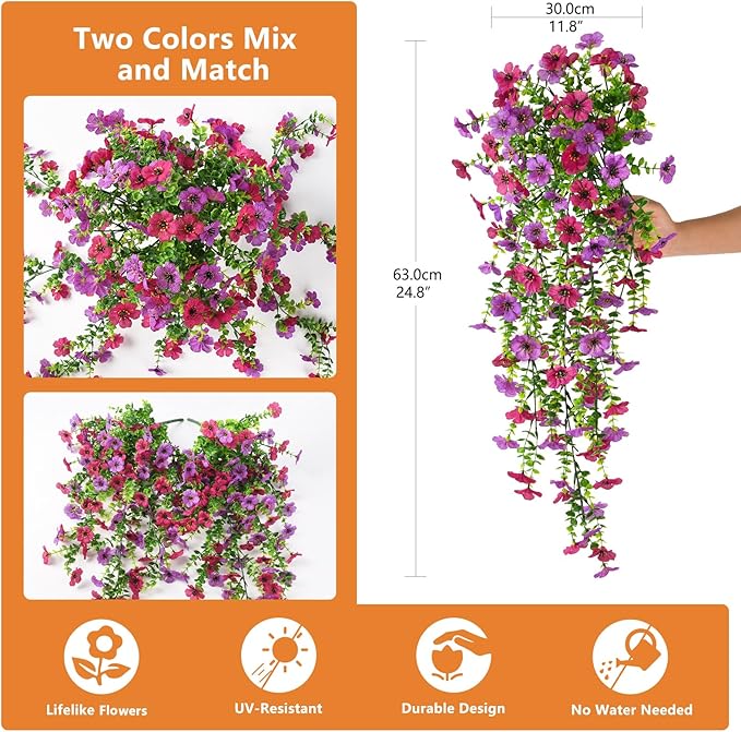 Artificial Hanging Flowers for Outdoors, 2 Pcs Fake Hanging Plant for Spring Summer Decoration, UV Resistant No Fade Faux Silk Daisy Flower for Planter Porch Patio Yard Garden Decor(Light Purple Red)