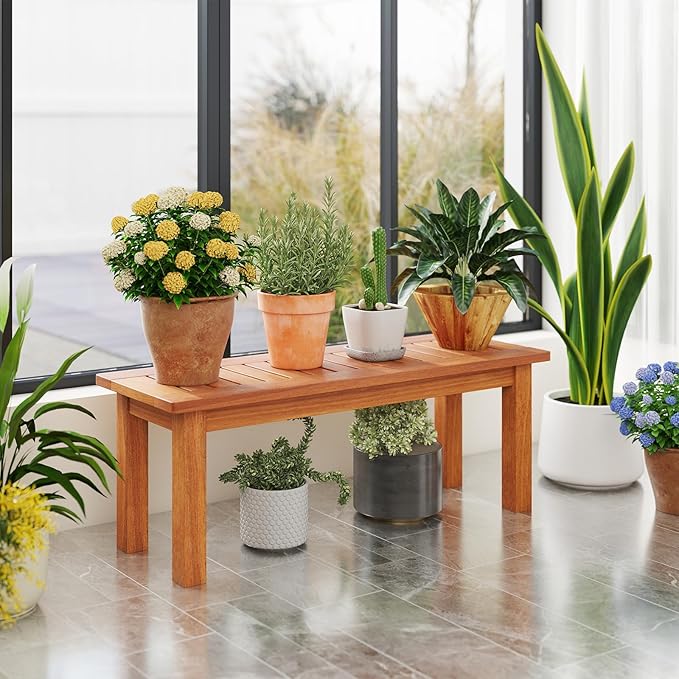 Plant Stand, Outdoor Wooden Planter Pot Holder with Teak Oil Finish & Slatted Top, Garden Planter Bench, Plant Display Rack for Porch, Backyard, Entryway (1, 34” x 12” x 13”)