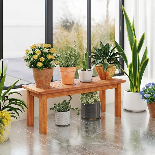 Plant Stand, Outdoor Wooden Planter Pot Holder with Teak Oil Finish & Slatted Top, Garden Planter Bench, Plant Display Rack for Porch, Backyard, Entryway (1, 34” x 12” x 13”)