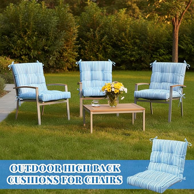 Marsui 4 Pcs Outdoor Indoor High Back Chair Cushions Patio Furniture Tufted Pillow with Ties All Weather Replacement Outdoor Rocking Chair Cushions, 42 x 21 Inches (Blue Stripes)