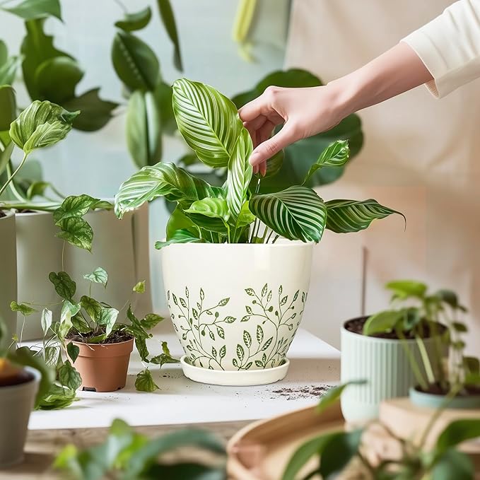 Ceramic Pots for Indoor Plants - 10+8+6 Inch Planters with Drainage Holes and Saucers, Decorative Boho Round Indoor Planters Pots, Room Decor, Gifts for Plant Lovers, Set of 3, White