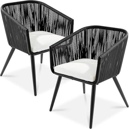 Best Choice Products Set of 2 Patio Dining Chairs, Outdoor Seating for Backyard, Poolside, Balcony w/Woven Wicker Design, 250lb Weight Capacity - Black/Ivory