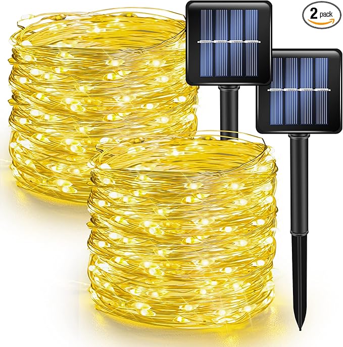 Dazzle Bright 2 Pack Solar String Lights Outdoor, Total 80FT 240LED Solar Powered Waterproof Fairy Lights 8 Modes, Silver Wire Lights (Warm White)