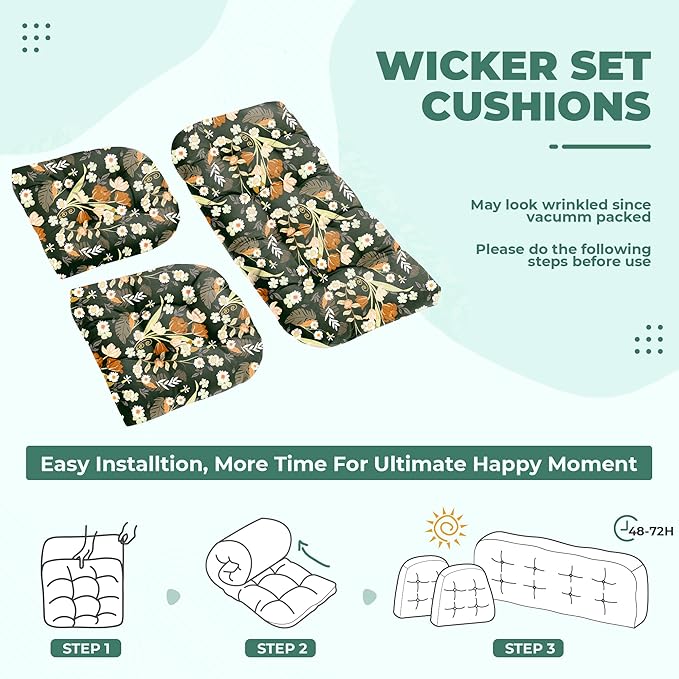 Wicker Chair Cushions, Waterproof Outdoor Loveseat Cushions for Patio Furniture, Tufted Wicker Furniture Cushions, 1 Loveseat and 2 U-Shaped Cushions (Black Floral)