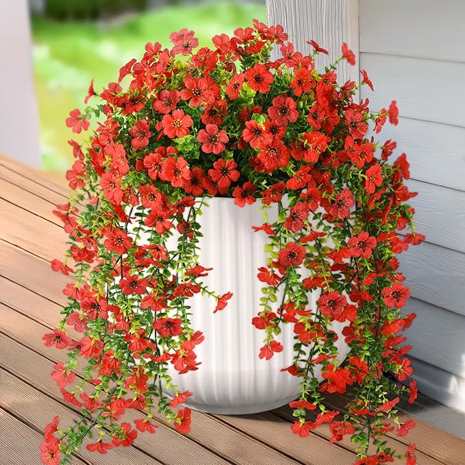 Fake Artificial Hanging Flowers for Outdoors, 2 Pcs Fake Hanging Plant Spring Summer Decor, UV Resistant No Fade Faux Silk Daisy Flower for Front Door Porch Planter Patio Yard Garden(Red)