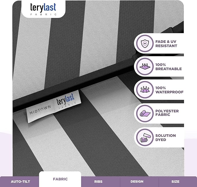 Midtown Umbrellas The Lean 8 Feet Outdoor Umbrella With Terylast Matter Stripes (Grey/White Stripes) Polyester Fabric - Auto-Tilt Aluminum Frame Patio Umbrella For Deck, Garden, Pool - Black Pole