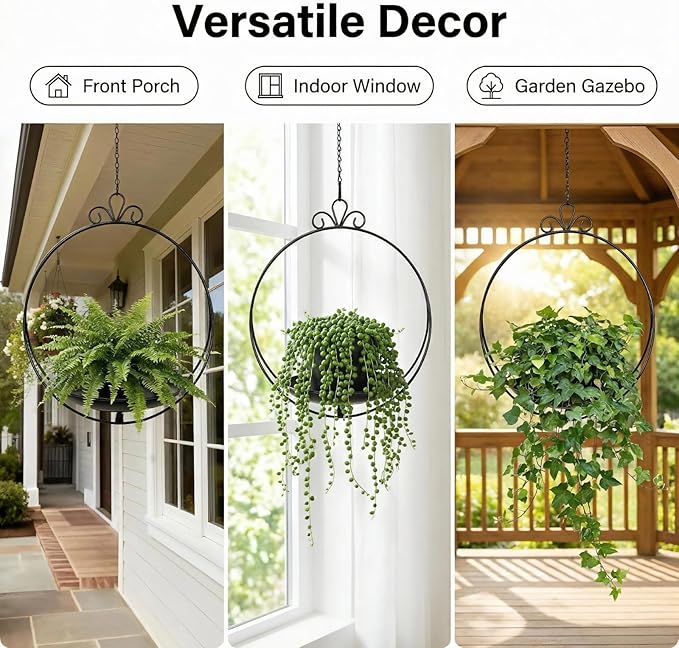 Heavy Duty Metal Hanging Planters for Indoor Plants - Black Plant Hanger with Sturdy Tray & Chains, Modern Boho Wall/Ceiling/Window Mounted Plant Basket (2/S, one Chain Flower Decor)