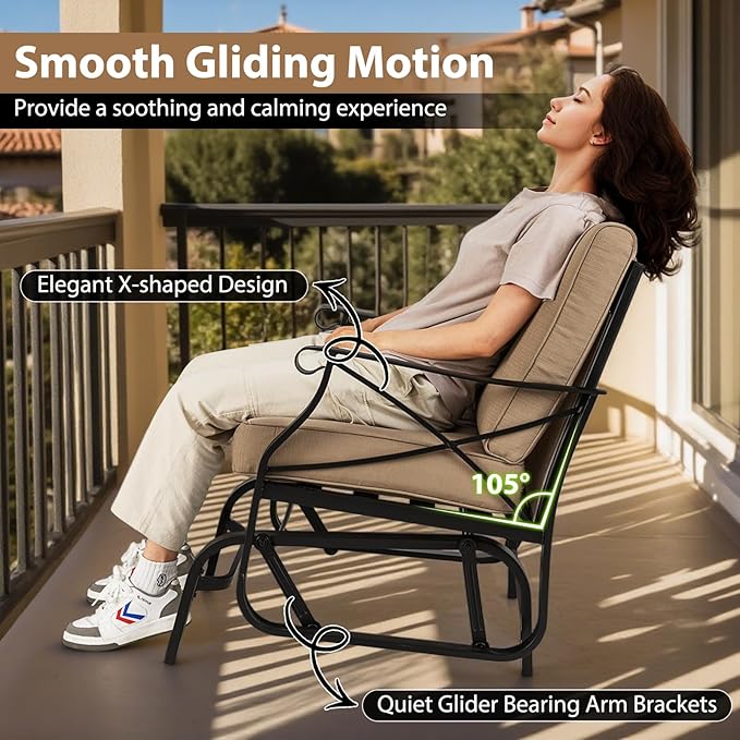 Tangkula Outdoor Glider Rocking Chair, Patio Gliding Chair Furniture with Metal Frame and Thick Cushions for Porch, Balcony, Garden and Yard (1 Pack)