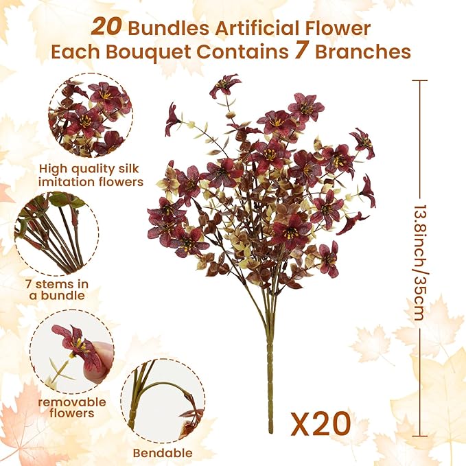 SHareconn 20 Bundles Artificial Fall Mums Flowers for Outdoors Decoration, Fake Silk Daisy Realistic Faux Plants UV Resistant for Planter Home Porch Patio Yard Autumn Indoor Outside Decor, Brown