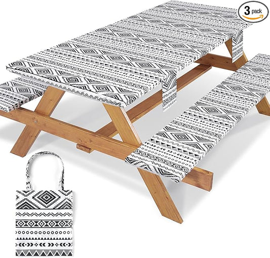 Picnic Table Cover with Bench Covers Fitted Waterproof Large Camping Tablecloth with Elastic for 8 Foot Tables Outdoor Travel RV Essentials Summer Vacation Accessories Fun Gifts for Couples