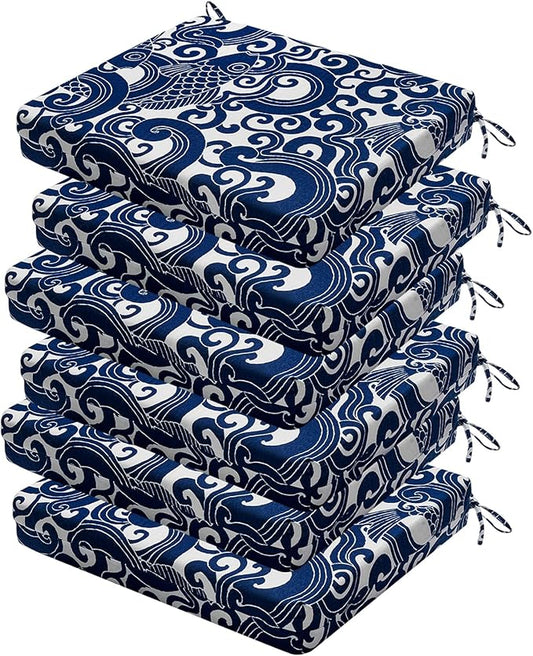 Outdoor Chair Cushions Set of 6, 18.5 x 16 Inch Patio Chair Cushions for Outdoor Furniture, Water Resistant, Non-Slip Ties (Blue Carp)