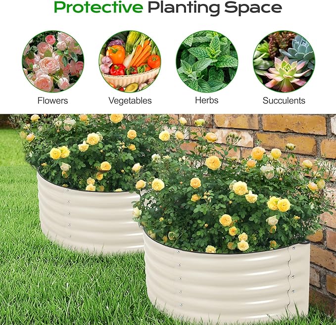 Aoodor 42" L x 24" W x 17" H Half Moon Galvanized Raised Garden Bed, Durable Semi-Circular Outdoor Planter Boxes for Vegetables, Flowers, and Herbs, Set of 2, Beige