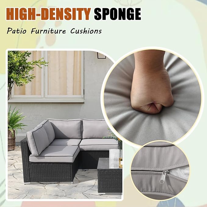 14Piece Outdoor Sofa Cushion Replacement, Patio Furniture Waterproof Cushion with Zippers, fit 6-Seat Outdoor Wicker Rattan Sectional Couch (Light Grey + Black Edge, 25.6"x25.6"x3.9")