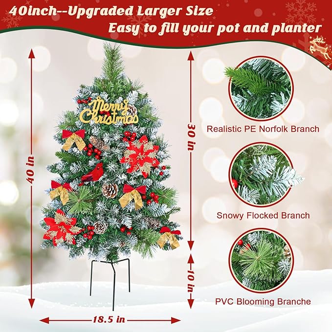 MARTINE MALL Set of 2 Outdoor Christmas Tree with Lights, 30in Christmas Urn Filler Christmas Planter Filler Outdoor Holiday Planter Bushes with Poinsettia Cardinal Birds for Front Porch Pathway