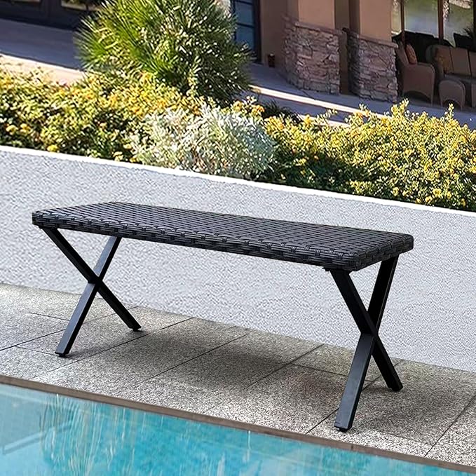 46” Black Rattan Bench with Metal X-Legs, Wicker Frame Patio Bench for Hallway, All Weather Outdoor Bench for Garden, Backyard, Porch