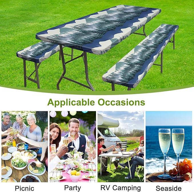 ICOSY Picnic Table Cover with Bench Covers 30 x 72 inch, Windproof Camping Essentials Table Cloths Fitted Rectangle Tablecloth for 6 Foot Tables, Camping Gifts Accessories for RV Campers