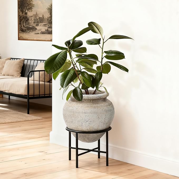 LuxenHome 14" Dia Large Planters for Indoor Plants, Indoor Plant Pots with Stand, Distressed Cachepot for Living Rooms, Entryway, Office