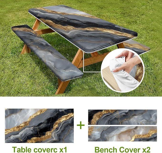 Picnic Table Cover with Bench Covers Set of 3 - Luxurious Black Gold Marble Glam Tablecloth, Elastic Fitted for 6 Ft Tables, Washable Polyester Cover for Patio, Indoor & Outdoor