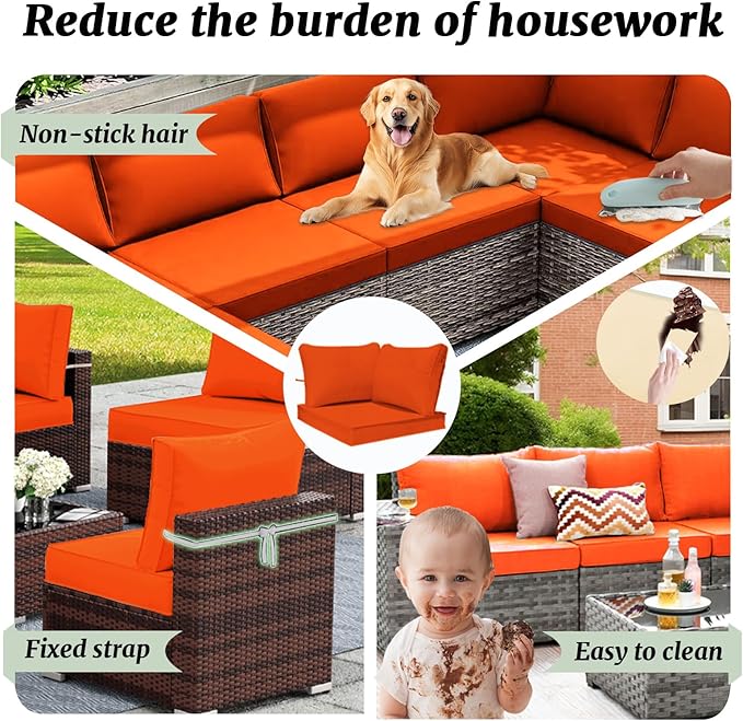 Outdoor Sectional Cushions Replacement Set, 26x26in Patio Furniture Cushions, 14 Pieces Waterproof Outdoor Couch Cushion for 6 Seat Wicker Conversation (Orange)