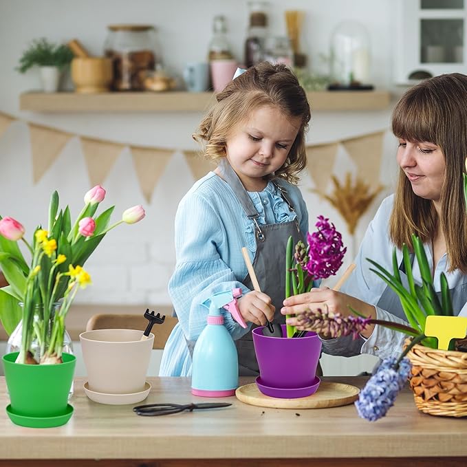 48 Pack Plastic Planters 5.5 Inch Flower Plant Pots Indoor Set Thickened Seedling Nursery Pots Seed Starting Pots with Drainage Holes Saucers Mini Garden Tool for Home Office Garden, Multicolor