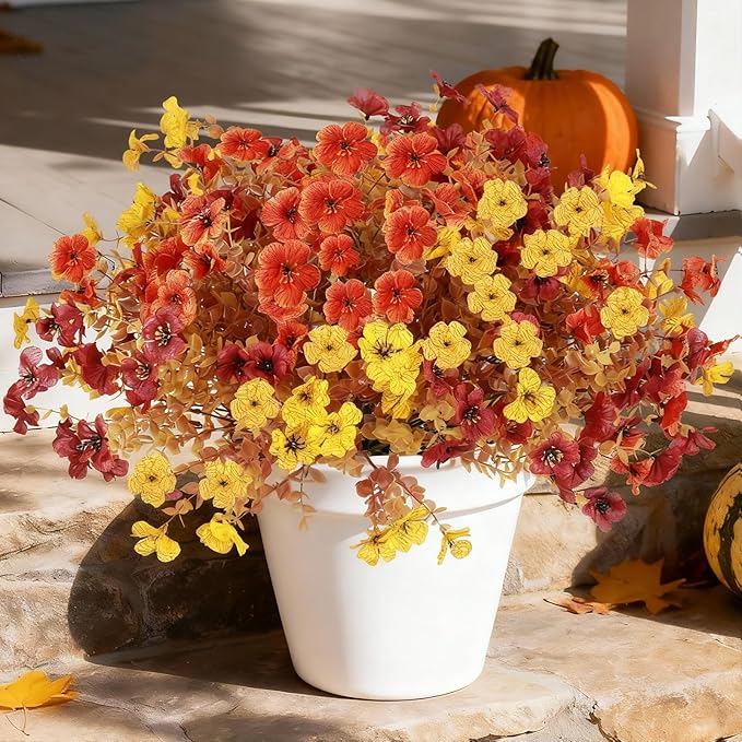 Artificial Mums Fall Fake Flowers for Outdoors Decoration, 12 Bundles Artificial Fall Flowers Faux Mums Realistic UV Resistant for Outdoors Planter Porch Patio Window Box, Sunset