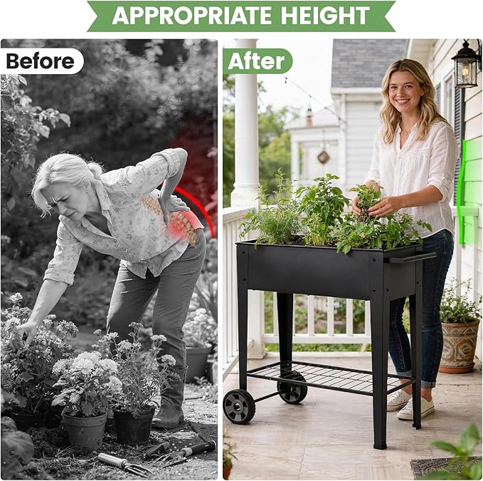 Tall Raised Garden Bed Outdoor with Wheels, Metal Elevated Raised Planter Box with Drainage Holes for Vegetables, Flower, Herbs(Black)