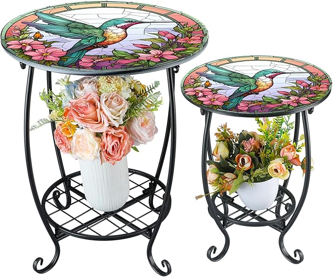 2 Pcs Outdoor Side Table Small Patio Round Mosaic Accent Indoor End Table Plant Metal Coffee Tea Tables for Patio Yard Porch Garden Living Room(12" and 16",Hummingbird Style)