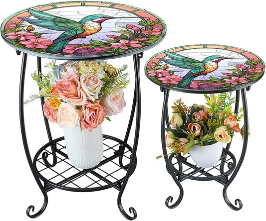 2 Pcs Outdoor Side Table Small Patio Round Mosaic Accent Indoor End Table Plant Metal Coffee Tea Tables for Patio Yard Porch Garden Living Room(12" and 16",Hummingbird Style)