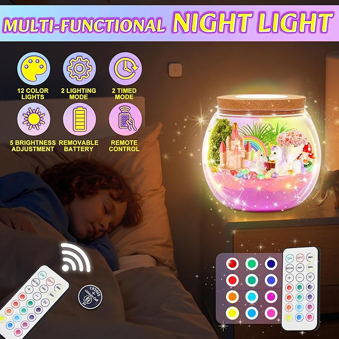Gifmore Unicorn Light Up Terrarium Kit for Kids - LED Night Light Unicorn Birthday Gifts for Girls Ages 4 5 6 7 8-12, Unicorn Toys for Girls, Children's Arts and Crafts Kit