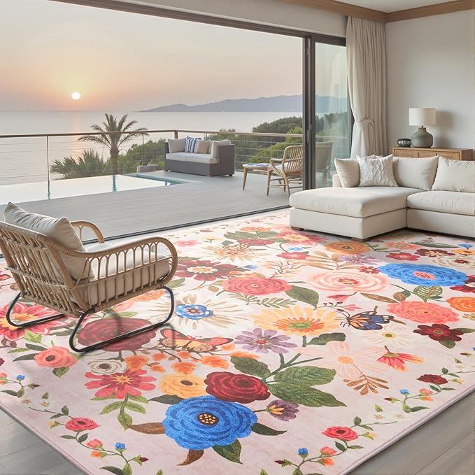 Pink/Beige Area Rugs 10x14 Living Room, Non Slip Machine Washable Floral Rugs, Low Pile Lightweight Large Rug for Bedroom, Dining Room, Home Office(Beige/Pink Garden, 10 x 14)